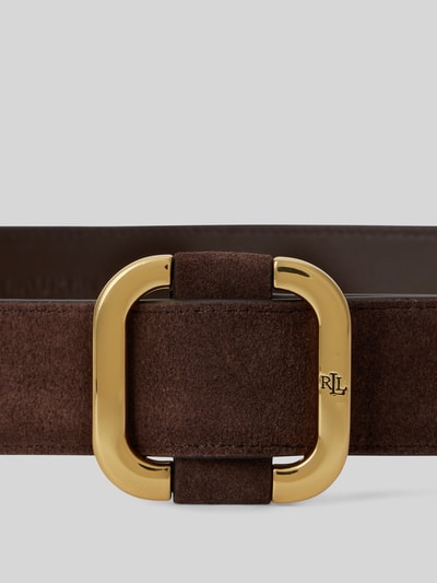 Produktfoto, Gürtel aus Veloursleder mit Logo-Prägung von Lauren Ralph Lauren in Dunkelbraun mit goldener Metallschnalle, Damen Gürtel