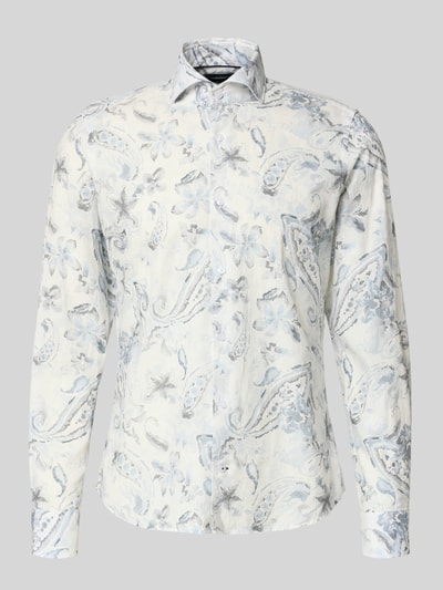 Produktfoto, Slim Fit Business-Hemd aus Leinen-Mix Modell 'Pai' von JOOP! Collection in Weiß mit blau-grauem floralen Muster, Knopfleiste, Kentkragen, Langarm.