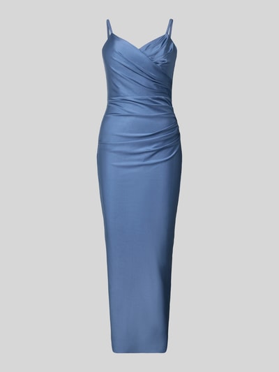 Produktfoto, niebieskie Cocktailkleid mit Herz-Ausschnitt od TROYDEN COLLECTION, dopasowany krój, długość maxi, drapowania, ramiączka spaghetti, fason kopertowy, długość z tyłu w rozmiarze 36: 133 cm, szerokość w rozmiarze 36: 44 cm