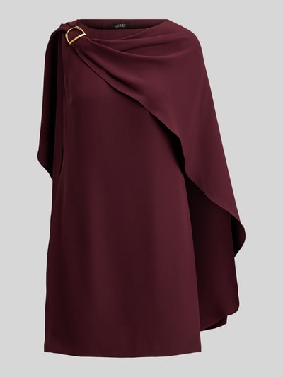 Produktfoto, Tailliertes Cocktailkleid mit Umhang van Lauren Ralph Lauren in effen bordeauxrood, mini lengte, getailleerde fit, zonder mouwen, U-boothals, metalen accenten, zonder zakken, naadrits, gladde textuur