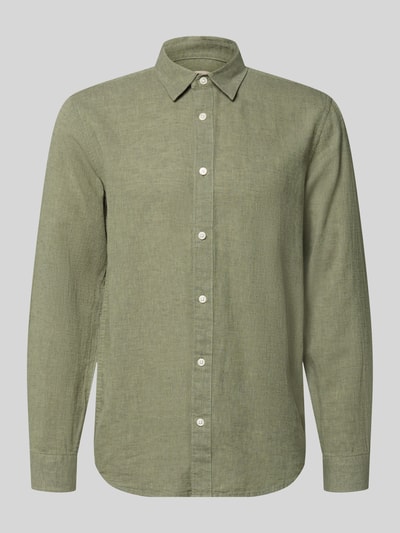 Produktfoto, Slim Fit Freizeithemd aus Baumwoll-Leinen-Mix Modell 'CAIDENLS SOLID' von Only & Sons, Optik: Unifarben, grüne Flammgarn-Textur, Kentkragen, durchgehende Knopfleiste, Rückenpasse, langarm, leicht abgerundeter Rumpfabschluss, Kombimanschetten