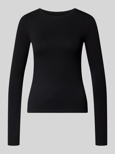 Produktfoto, Enges Basic Langarmshirt mit Rundhalsausschnitt von REVIEW im Slim Fit, schwarzer Baumwoll-Elasthan-Mix, glatte Textur.