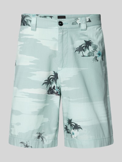 Produktfoto, Straight Leg Chinoshorts aus reiner Baumwolle von BOSS Orange mit Hawaii-Muster, Allover-Muster in Mintgrün, Gürtelschlaufen, Knopfverschluss, Regular Fit