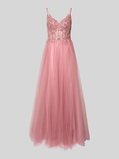 Produktfoto, Abendkleid mit floralem Spitzenbesatz von Hey Kyla in Rosa, A-Linie, Pailetten, semitransparentes Mesh, blickdichter Unterrock