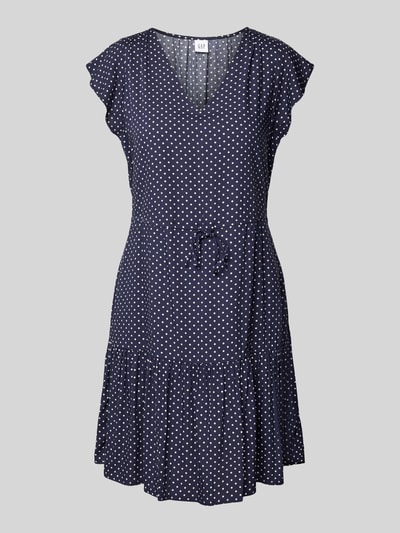 Produktfoto, Minikleid aus reiner Viskose mit V-Ausschnitt von GAP, donkerblauw met witte stippen, getailleerde pasvorm, tunnelkoord taille, jurk met korte mouwen, borstwijdte maat S 85 cm, mouwlengte maat S 11 cm, zachte stoftextuur