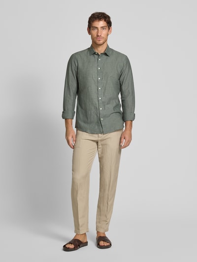 Jake*s Slim Fit Freizeithemd aus Leinen-Baumwoll-Mix Dunkelgruen 1