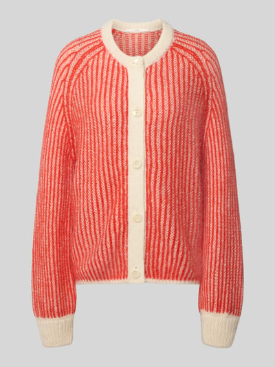 Produktfoto, Relaxed Fit Cardigan aus Schurwoll-Mix mit Alpaka-Anteil von Lanius, Strick-Optik in Rot und Creme, durchgängige Knopfleiste
