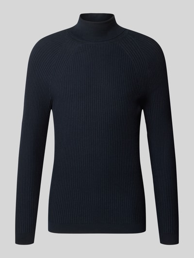 Produktfoto, Rollkragenpullover aus Viskose-Mix in Ripp-Optik von Antony Morato, schwarz, Slim Fit, strukturierte Oberfläche, Vorderansicht.