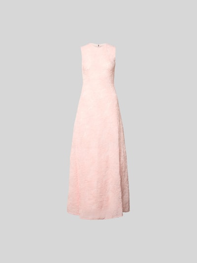 Produktfoto, Maxikleid mit floralem Allover-Besatz von ROTATE in zartem Rosa, Elastischer-Material-Mix, leichte A-Linie, ärmelloses-Design, Nahtreißverschluss, strukturierte Oberfläche, 147 cm Gesamtlänge in Größe 36, 37 cm Brustweite.