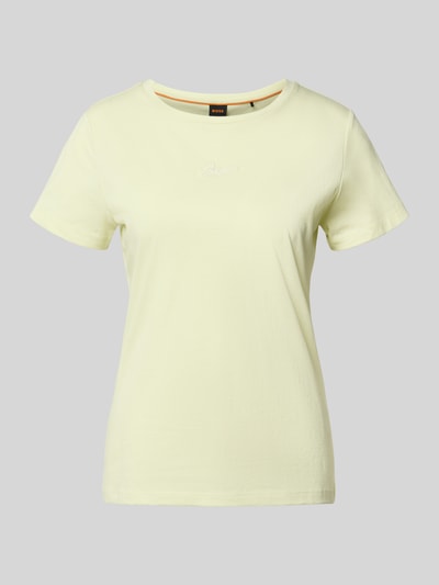 Produktfoto, Slim Fit T-Shirt aus reiner Baumwolle Modell 'ELOVE_EMBRO' von BOSS Orange in unifarbener Optik, kurze Ärmel, Rundhals, glatte Textur.