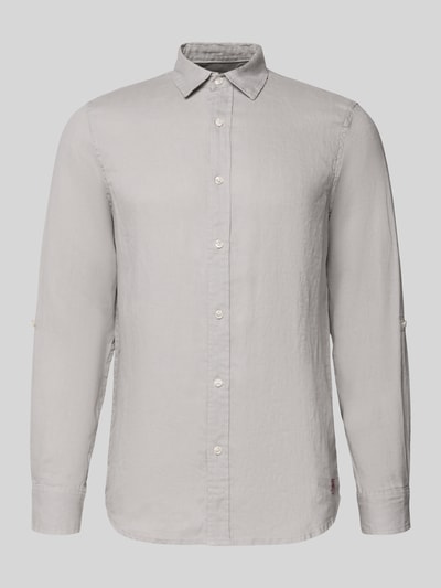 Produktfoto, Slim Fit Leinenhemd mit Kentkragen von Scotch & Soda, jasnoszary len, krój slim fit, listwa guzikowa, z długim rękawem, długość tyłu w rozmiarze M: 77 cm, szerokość ramion w rozmiarze M: 42 cm, długość rękawów w rozmiarze M: 65 cm