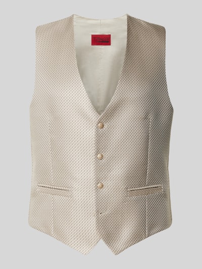 Productfoto, Weste mit Paspeltaschen und V-Ausschnitt van Wilvorst in rechte snit, V-hals, knoopsluiting, paspelzakken, ruglengte 60 cm, beige met licht glanzende textuur, voorkant.