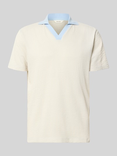 Produktfoto, lichtgeel regular fit poloshirt in seersucker-look, contrasterende lichtblauwe kraag, model 'MARNI' van Selected Homme, heren