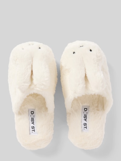 Produktfoto, cremeweiße Hausschuhe aus Kunstfell Modell 'Miffy' von DAISY STREET, runde Form, Motiv-Design, 3 cm Absatz, Damenmode.