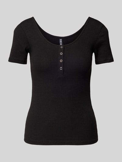 Pieces Slim fit T-shirt van katoenmix met kort drukknooppaneel, model 'KITTE' Zwart - 2