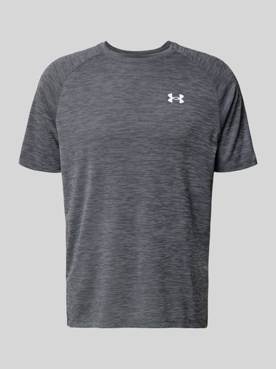 Produktfoto, graues T-Shirt mit Label-Print Modell 'Tech' von Under Armour, gerader Schnitt, Rundhalsausschnitt, glatte Textur