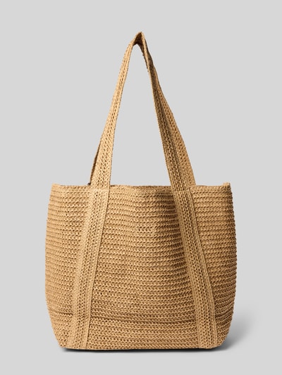 Produktfoto, Tote Bag mit Applikation Modell 'ARMOND' von Mango aus Papier, naturfarbene grobe Textur, Tragegriffe, Quasten-Details, offenes Hauptfach, Maße: Breite 53 cm, Länge 34 cm, Tiefe 15 cm, Schulterriemen 64 cm.