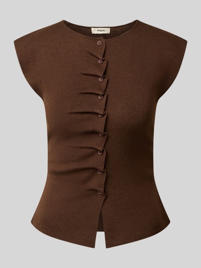 Produktfoto, kamizelka dzianinowa Model 'PAGNI' od SUNCOO PARIS, Mieszanka materiałów z mieszanką lnu, krój slim fit, okrągły dekolt, marszczenia, listwa guzikowa, długość tyłu w rozmiarze S: 50 cm, kolor brązowy, jednolita struktura