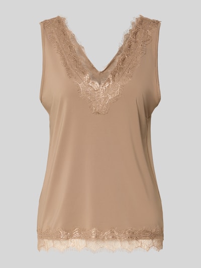 Productfoto, Regular Fit Top met kanten afwerking model 'Bicco' van FREE/QUENT, elastische mix, mouwloos, V-hals, ruglengte maat S 40 cm, beige kleur, gladde stof met fijne kanten details