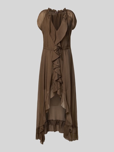 Produktfoto, Maxikleid aus Lyocell-Mix mit Volants Modell 'MAELYS' von Guess, brązowy kolor, fason A-linia, dekolt w szpic, długość 143 cm w rozmiarze S, szerokość w rozmiarze S: 40 cm, tekstura lekko przezroczysta, falbany