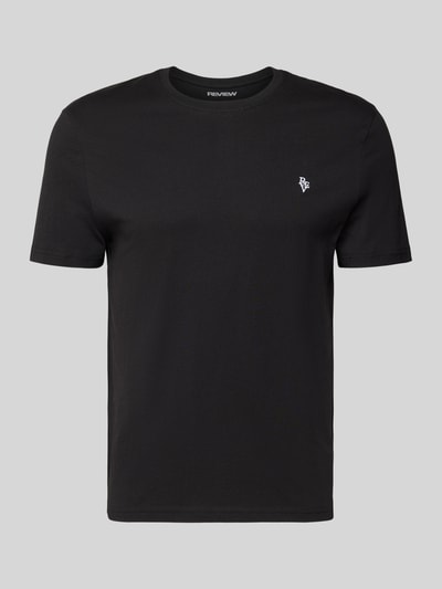 Produktfoto, Basic Slim Fit T-Shirt mit Flock-Logo auf der Brust von REVIEW, schwarzer Baumwoll-Viskose-Mix, kurzer Schnitt, glatte Textur