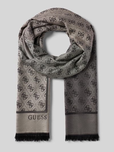 Produktfoto, Schal aus reiner Viskose Modell 'Noelle' von Guess in rechteckiger Passform mit Allover-Logo-Mix, 67 cm Breite, 180 cm Länge, glatte Oberfläche in Grau- und Beigetönen mit schwarzem Logo und Fransenabschluss