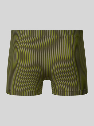 Produktfoto, Trunks mit elastischem Bund und Label-Detail von Schiesser, grüner Allover-Look mit feinen gelben Streifen, Material-Mix mit Stretch-Anteil und körpernahe Passform.