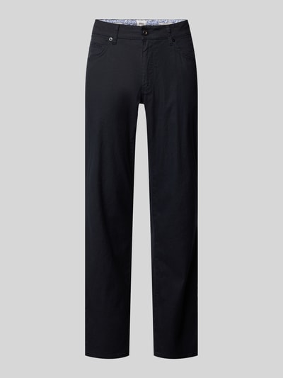 Produktfoto, Regular Fit Stoffhose aus Baumwoll-Leinen-Mix Modell 'CADIZ' von Brax, krój regular fit, gładki, 5 kieszeni, czarna, bawełna-len, naszywka z logo, szlufki na pasek, guzik i zakryty zamek, Szerokość w rozmiarze, oni widzi produkt
