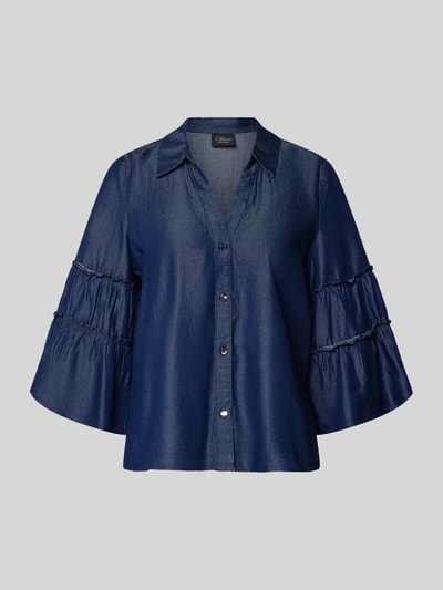 Produktfoto, Regular Fit Jeansbluse aus Lyocell von s.Oliver BLACK LABEL in dunkler Denim-Optik mit Frill, V-Ausschnitt, Trompetenärmel