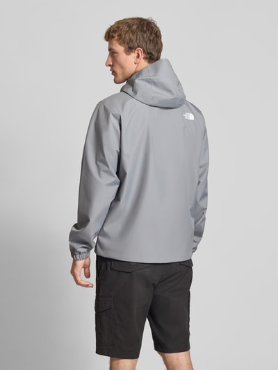 Männermodel trägt Jacke mit Kapuze von The North Face in Grau, Regular-Fit, Label-Print, Reißverschlusstaschen, Ganzkörperansicht Rückansicht.