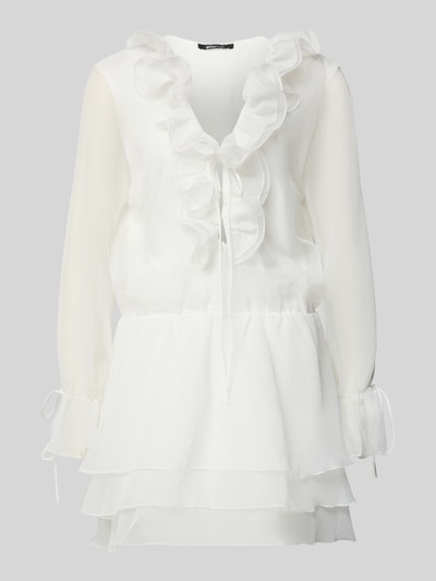 Produktfoto, Minikleid mit Rüschen und Schnürung von Gina Tricot, A-Linie, semitransparent, Rüschen, Rückenlänge 86 cm, Brustweite 48 cm, Ärmellänge 85 cm, weiß, fließender Stoff, leicht strukturierte Textur