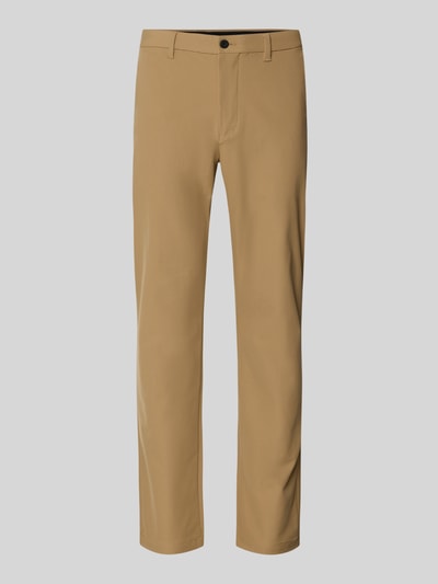 Produktfoto, Straight Leg Broek uit ademend materiaal Model 'Denton' van Tommy Hilfiger in effen beige met riemlussen, steek- en achterzakken, knoop- en ritssluiting, logoprint.