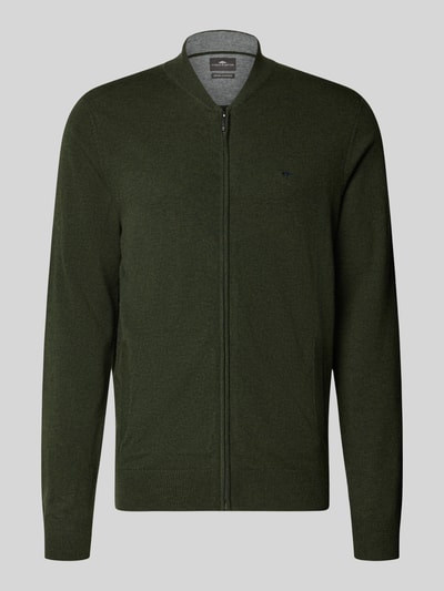 Produktfoto, Cardigan aus Wolle-Kaschmir-Mix mit Reißverschluss von Fynch-Hatton, regular fit, opstaande kraag, labelstitching, ruglengte maat M 68 cm, mouwlengte maat M 66 cm, donkergroen, fijne breistructuur