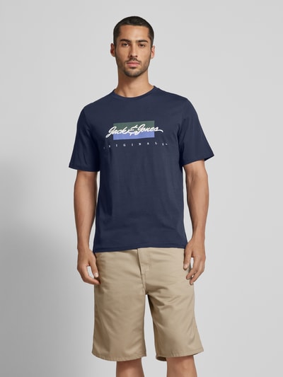 Jack & Jones T-shirt met labelprint, model 'WAYNE' Donkerblauw - 4