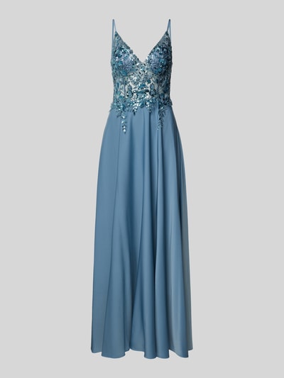 Produktfoto, Abendkleid mit floralem Pailettenbesatz von Laona in Blau, taillierte Passform, semitransparent, V-Ausschnitt, Spaghettiträger