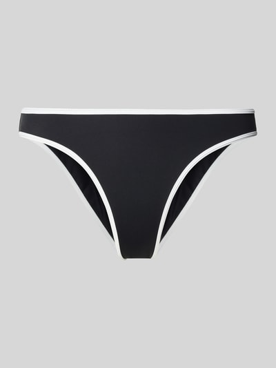 Produktfoto, Bikinihose mit Kontraststreifen Modell 'JOVITA' von Neo Noir aus Material-Mix mit Stretch-Anteil, körpernahe Passform, elastischer Bund, schwarze glatte Oberfläche mit weißen Kanten.