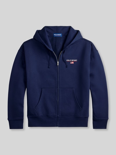 Produktfoto, Relaxed Fit Sweatjacke aus Baumwoll-Mix von Polo Ralph Lauren in Dunkelblau mit Kapuze, Reißverschluss, Vordertaschen, unifarben, Label Print, Rippenbündchen