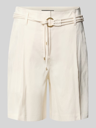 Produktfoto, Wide Fit Shorts aus Leinen-Mix mit Viskose-Anteil van Marc Cain, dames korte broek in crème, met bandplooien, steekzakken en achterzak, linnenmix met viscose, band met haakjes- en ritssluiting, bandwijdte maat 36 is 37 cm, binnenbeenlengte maat 36 is 50 cm.