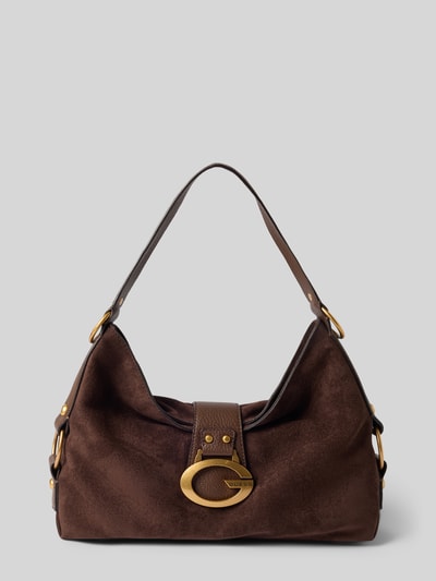 Produktfoto, Shoulder Bag mit Logo-Detail Modell 'CAMDEN' von GUESS in Dunkelbraun, goldene Schnalle, weiche Textur, rechteckige Form, Hauptfach mit Überschlag, Schulterriemen, Maße: 36x38x10 cm, Länge Schulterriemen: 46 cm