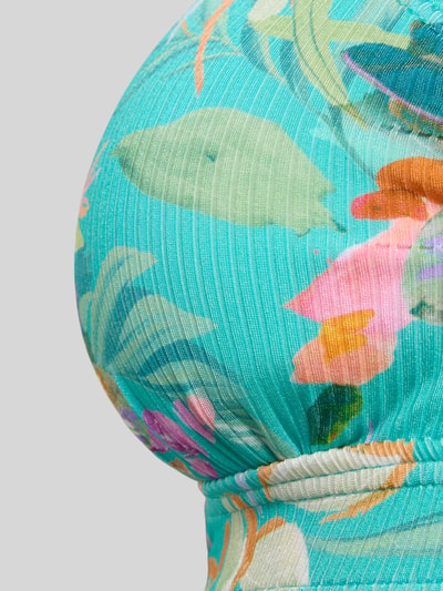 Frauenmodel trägt Bikini-Oberteil mit Cut Out Modell 'Sandra' von VENICE BEACH, türkis mit floralem Muster, Material-Mix mit Stretch, Nahaufnahme Oberkörper