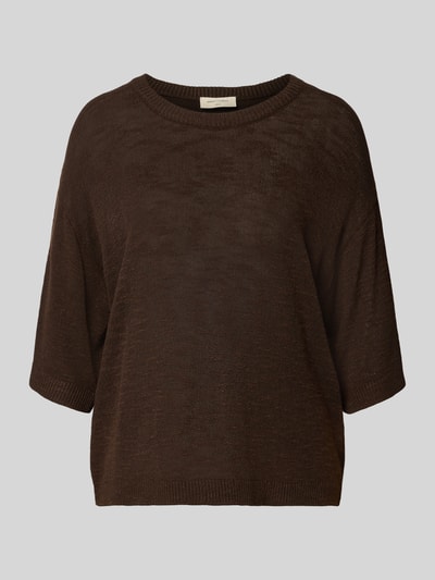 Produktfoto, Relaxed Fit Pullover aus Viskose-Mix Modell 'Vicki' von FREE/QUENT, donkerbruin, gebreide structuur, semi-transparant, 1/2-mouwen, ronde hals, ruglengte maat S: 55 cm, mouwlengte maat S: 26 cm
