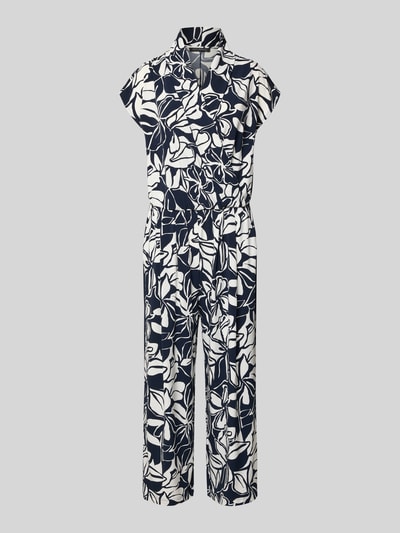 Produktfoto, Jumpsuit mit Schalkragen und Kappärmeln von Betty Barclay in Schwarz-Weiß mit abstraktem Muster, Material-Mix mit Stretch-Anteil, Taillierter Schnitt, Rückenlänge 44 cm, Brustweite 48 cm, Gesamtlänge 137 cm, Innenbeinlänge 63 cm, für Damen.