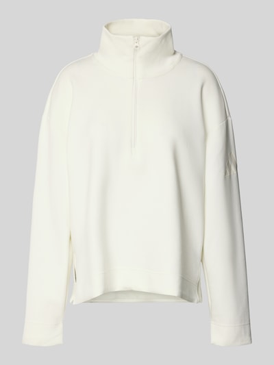 Produktfoto, Pullover mit Stehkragen und Reißverschluss von adidas Sportswear, biały, poliester, relaxed fit, logo, gładka tekstura.