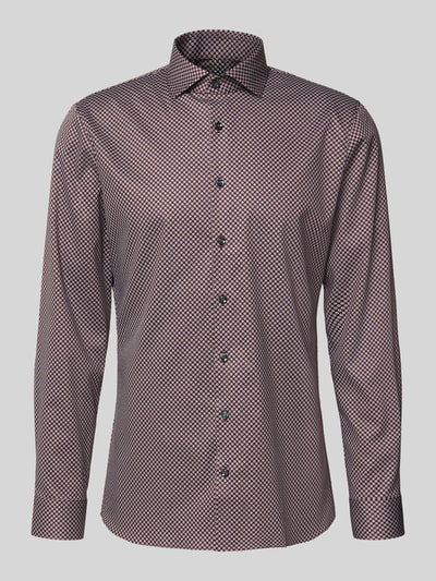 Produktfoto, Super Slim Fit Businesshemd aus Baumwoll-Mix von OLYMP No. Six in Rot mit feinem Muster und glatter Textur, neutraler Hintergrund.