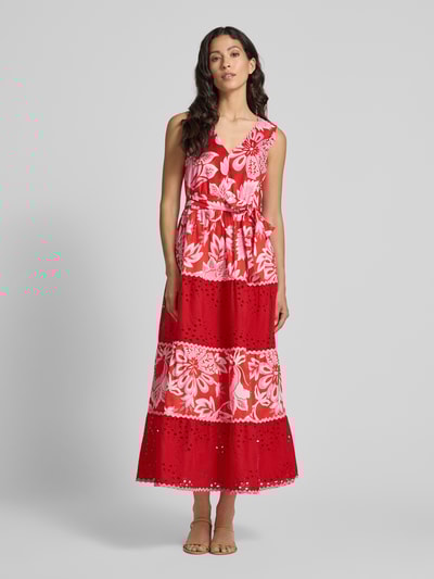 Oui Maxikleid mit Lochstickerei Hellrot 4