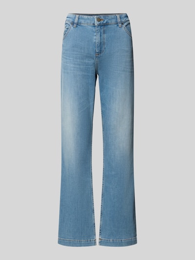 Produktfoto, Flared Fit Jeans aus Baumwoll-Mix mit Zip-Fly von Smith and Soul, hellblau, Eingrifftaschen, Gesäßtaschen, strukturierte Denim-Oberfläche, Damen Jeans, elastisch, Bundweite 45 cm, Innenbeinlänge 77 cm.