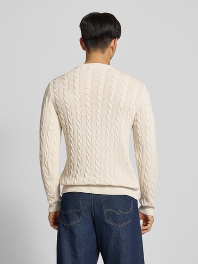 Männermodel trägt Strickpullover mit Zopfmuster und Logo-Stitching von REVIEW aus Baumwoll-Mix, Modern Fit, Rückenansicht, Ganzkörperansicht Rückansicht.