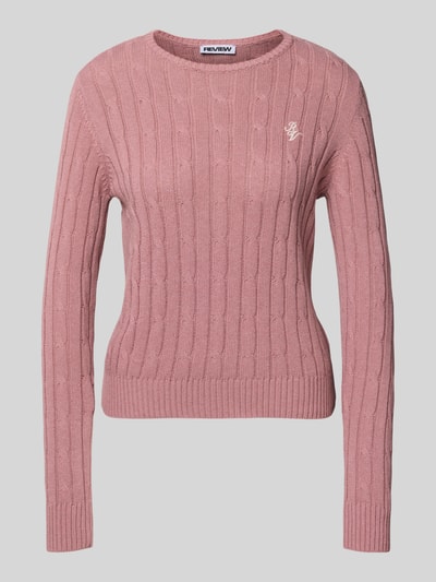 Produktfoto, Slim Fit Strickpullover mit Rundhalsausschnitt und Zopfmuster van Review, roze katoenmix, label-stitching, ribboorden