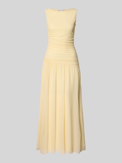 Produktfoto, Abendkleid mit Raffungen Modell 'Cludine' von Neo Noir, hellgelb, Material-Mix mit Stretch-Anteil, Maxikleid, Körpernaher-Schnitt
