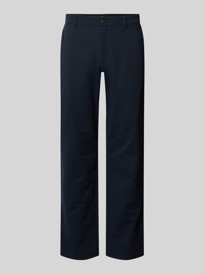 Produktfoto, Slim Fit Hose mit Gesäßtaschen von MCNEAL in Dunkelblau, glatte Oberfläche, Knopf-Reißverschluss, Eingrifftaschen, Bundweite 45 cm, Innenbeinlänge 82 cm bei Größe M
